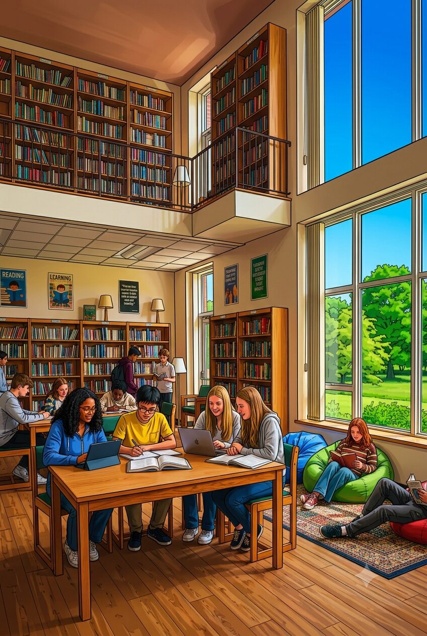 Bibliothek des Vianity Learning Campus: Schülerinnen und Schüler arbeiten an einem langen Holztisch, dahinter hohe Regalwände und bodentiefe Fenster mit Blick ins Grüne.