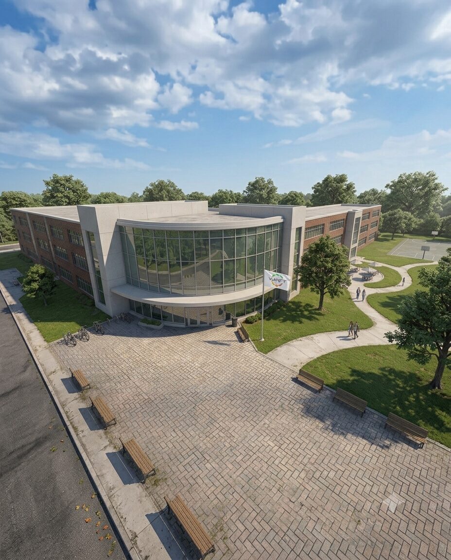 Das Hauptgebäude des Vianity Learning Campus: ein dreigeschossiger Backsteinbau mit geschwungener Glasfront am Eingang, davor ein gepflasterter Vorplatz mit Fahrradständern und Bänken, dahinter Wiesen und ein Basketballfeld.