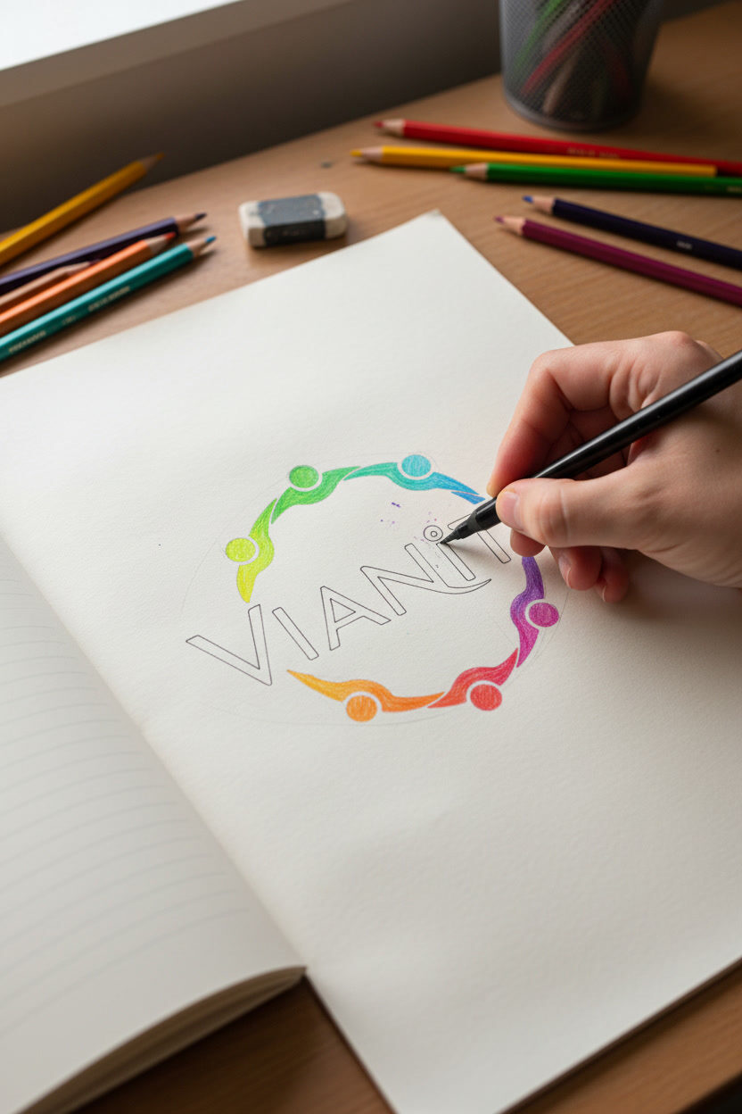 Auf einem Skizzenblock entsteht das Vianity-Zeichen: ein Ring aus acht stilisierten Figuren in den Spektrumsfarben, die einander an den Händen halten und den Schriftzug „Vianity“ umschließen. Eine Hand zeichnet gerade die letzten Buchstaben nach, ringsum liegen Buntstifte und ein Radiergummi.